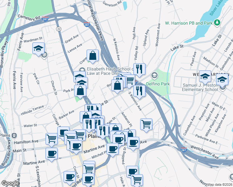 map of restaurants, bars, coffee shops, grocery stores, and more near 30 Lake Street in White Plains