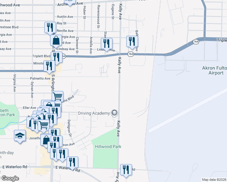 map of restaurants, bars, coffee shops, grocery stores, and more near 1216 Kelly Avenue in Akron