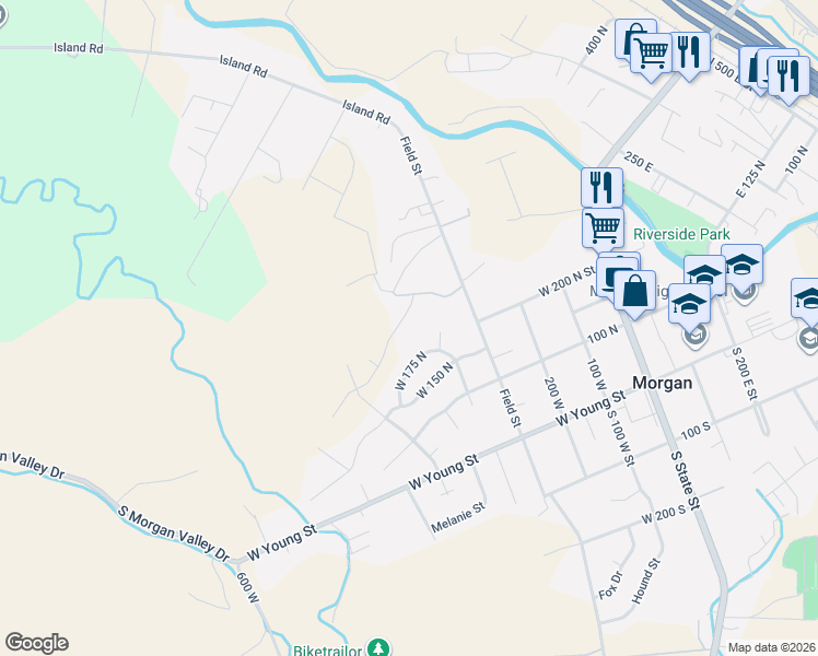 map of restaurants, bars, coffee shops, grocery stores, and more near 407 West 275 North in Morgan