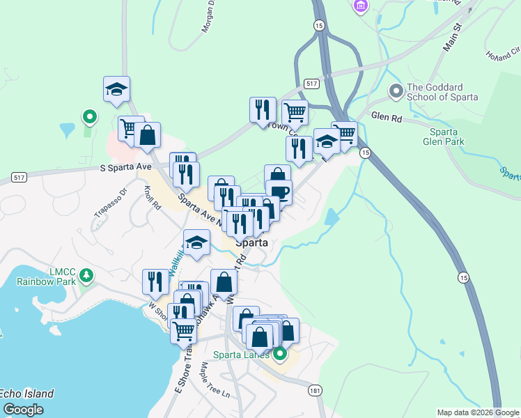 map of restaurants, bars, coffee shops, grocery stores, and more near 13 Main Street in Sparta