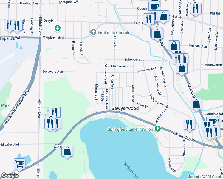 map of restaurants, bars, coffee shops, grocery stores, and more near 996 Seneca Trail in Akron