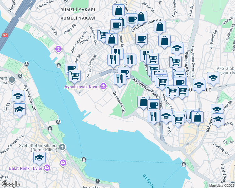map of restaurants, bars, coffee shops, grocery stores, and more near No. 27/B Donanma Caddesi in Beyoğlu
