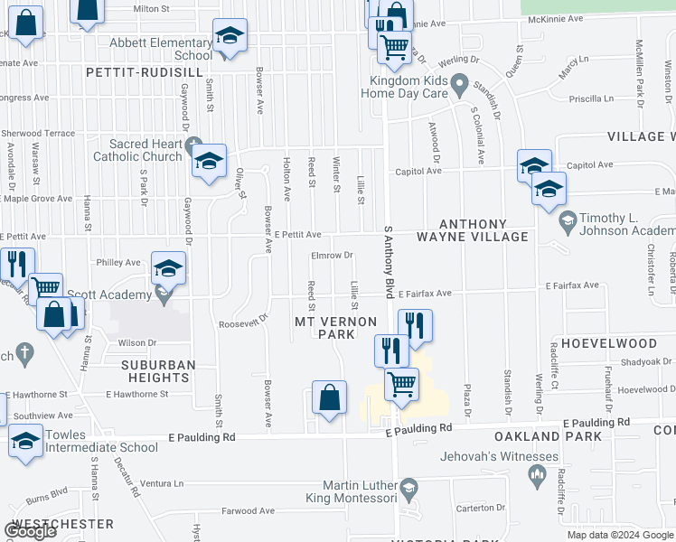 map of restaurants, bars, coffee shops, grocery stores, and more near 5015 Winter Street in Fort Wayne