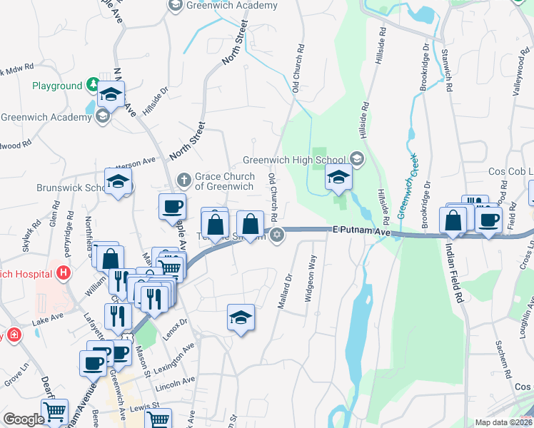 map of restaurants, bars, coffee shops, grocery stores, and more near 1 Old Church Road in Greenwich