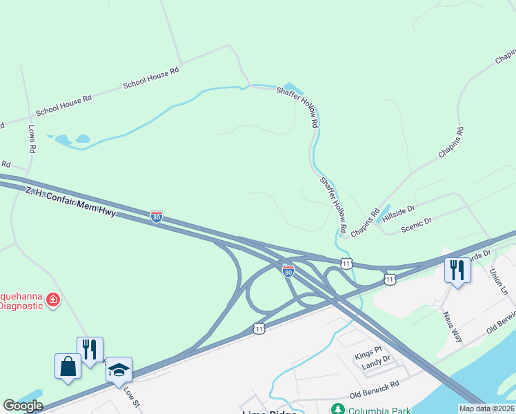 map of restaurants, bars, coffee shops, grocery stores, and more near 6 Glenwood Dr in Bloomsburg