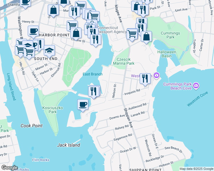 map of restaurants, bars, coffee shops, grocery stores, and more near 108 Harbor Drive in Stamford