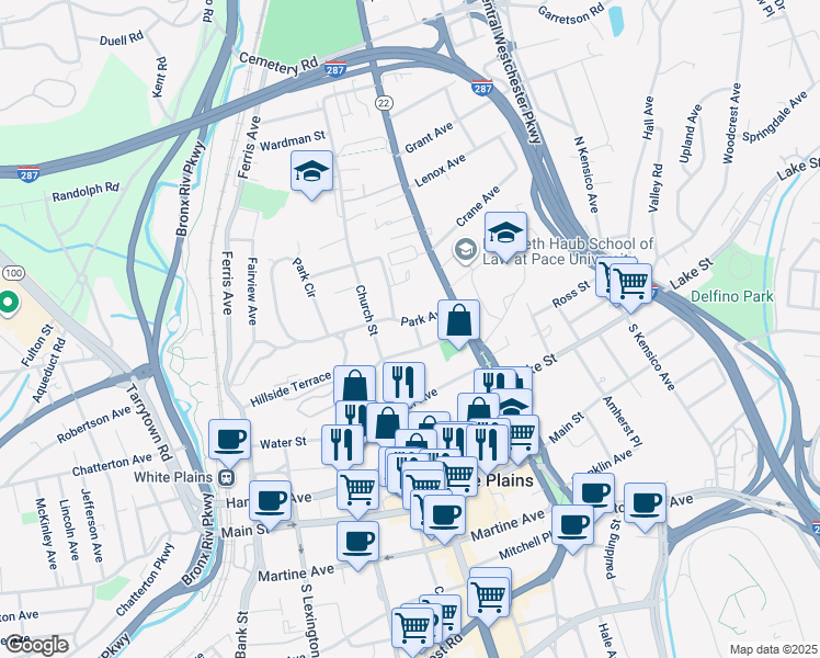 map of restaurants, bars, coffee shops, grocery stores, and more near 43 Rockledge Avenue in White Plains