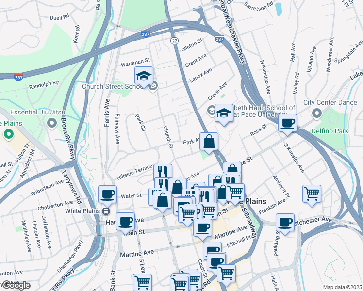 map of restaurants, bars, coffee shops, grocery stores, and more near 43 Rockledge Avenue in White Plains