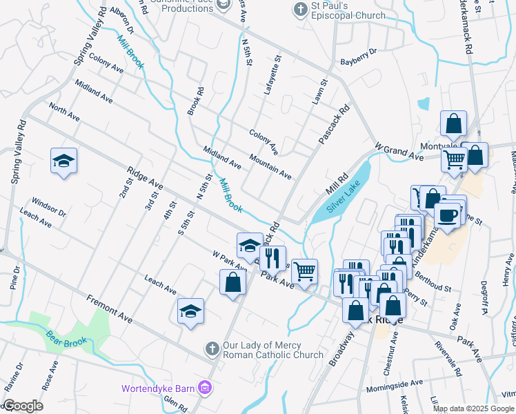 map of restaurants, bars, coffee shops, grocery stores, and more near 142 Pascack Road in Park Ridge