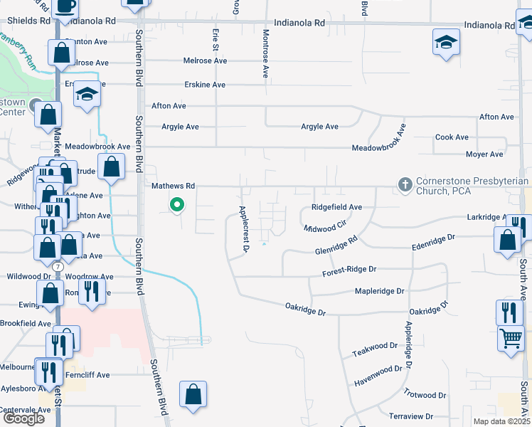 map of restaurants, bars, coffee shops, grocery stores, and more near 6018 Applecrest Court in Youngstown