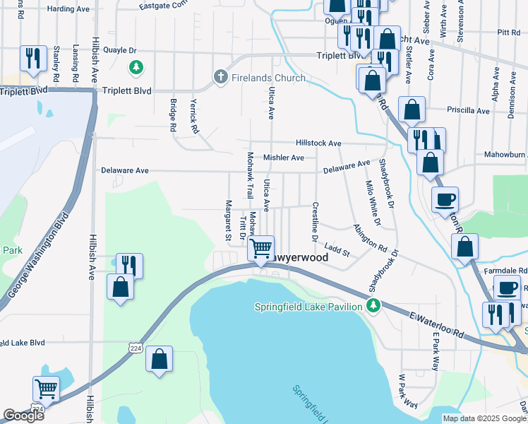map of restaurants, bars, coffee shops, grocery stores, and more near 996 Seneca Trail in Akron