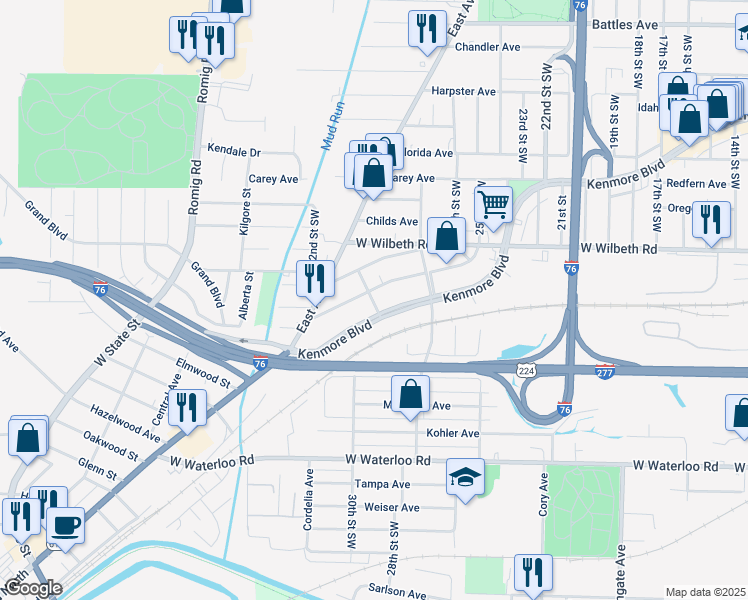 map of restaurants, bars, coffee shops, grocery stores, and more near 1513 Kenmore Boulevard in Akron