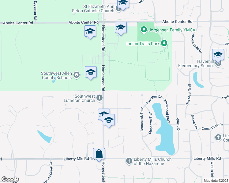 map of restaurants, bars, coffee shops, grocery stores, and more near 5102 Porta Trail in Fort Wayne