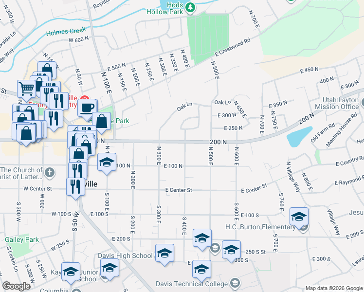 map of restaurants, bars, coffee shops, grocery stores, and more near 147 North 400 East in Kaysville