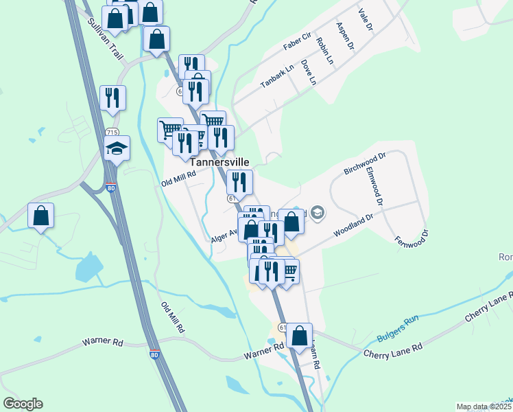 map of restaurants, bars, coffee shops, grocery stores, and more near 307 Learn Road in Tannersville