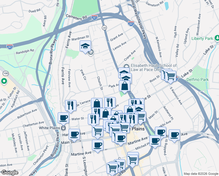map of restaurants, bars, coffee shops, grocery stores, and more near 43 Rockledge Avenue in White Plains