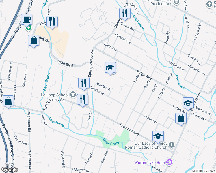 map of restaurants, bars, coffee shops, grocery stores, and more near 166 Leach Avenue in Park Ridge