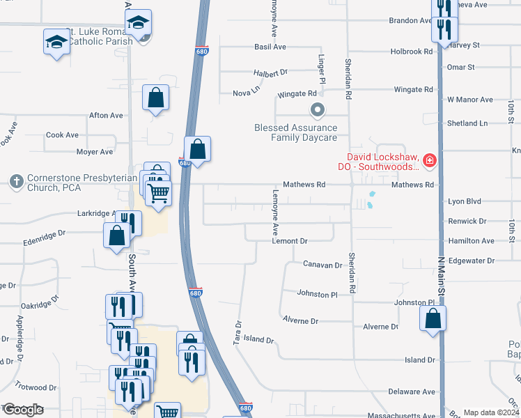 map of restaurants, bars, coffee shops, grocery stores, and more near 1783 Lynn Mar Avenue in Youngstown