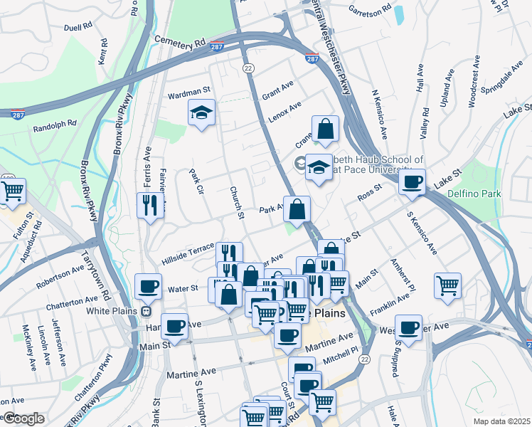 map of restaurants, bars, coffee shops, grocery stores, and more near 7 Dusenbury Place in White Plains