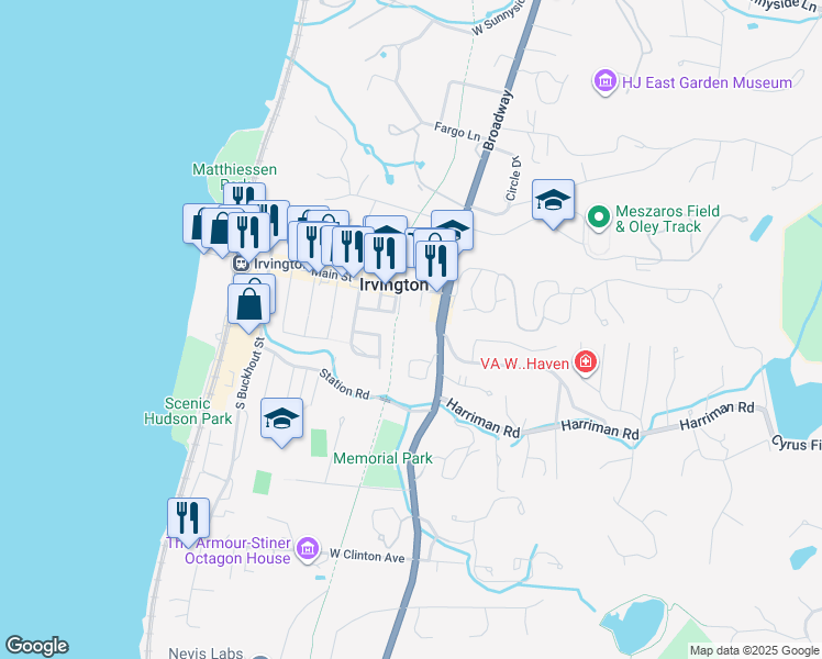 map of restaurants, bars, coffee shops, grocery stores, and more near 14 South Broadway in Irvington