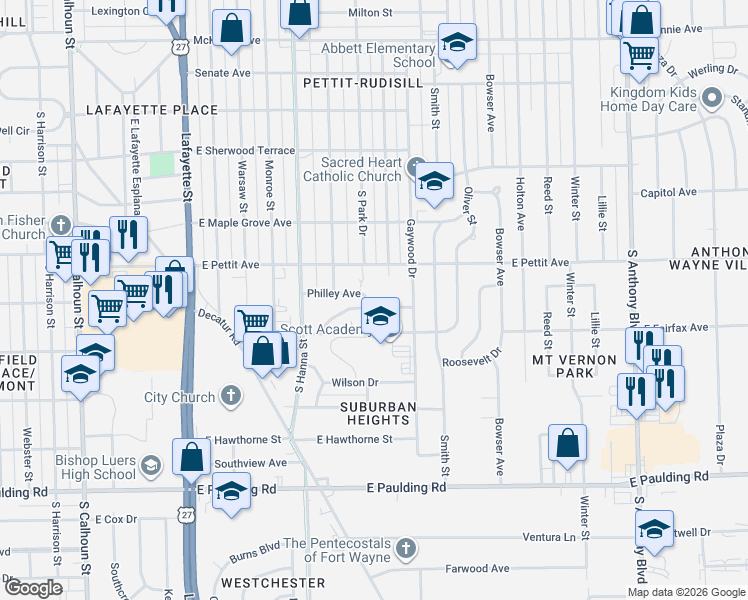 map of restaurants, bars, coffee shops, grocery stores, and more near 4906 Spatz Ave in Fort Wayne
