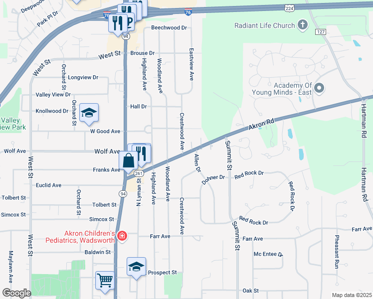 map of restaurants, bars, coffee shops, grocery stores, and more near 551 Crestwood Avenue in Wadsworth