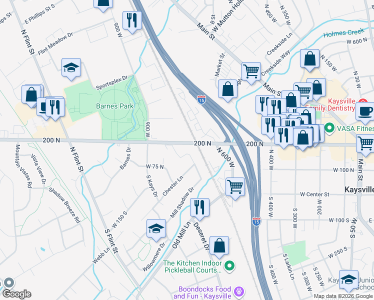 map of restaurants, bars, coffee shops, grocery stores, and more near 136 North 700 West in Kaysville