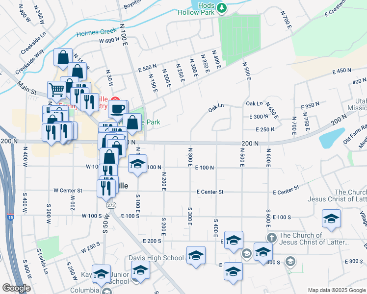 map of restaurants, bars, coffee shops, grocery stores, and more near 223 East 200 North in Kaysville
