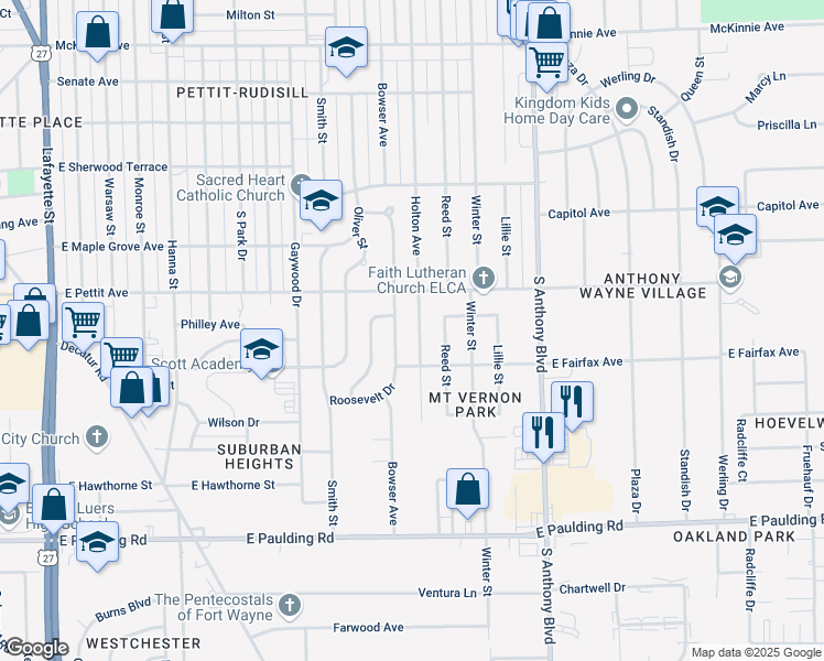 map of restaurants, bars, coffee shops, grocery stores, and more near 4911 Holton Avenue in Fort Wayne