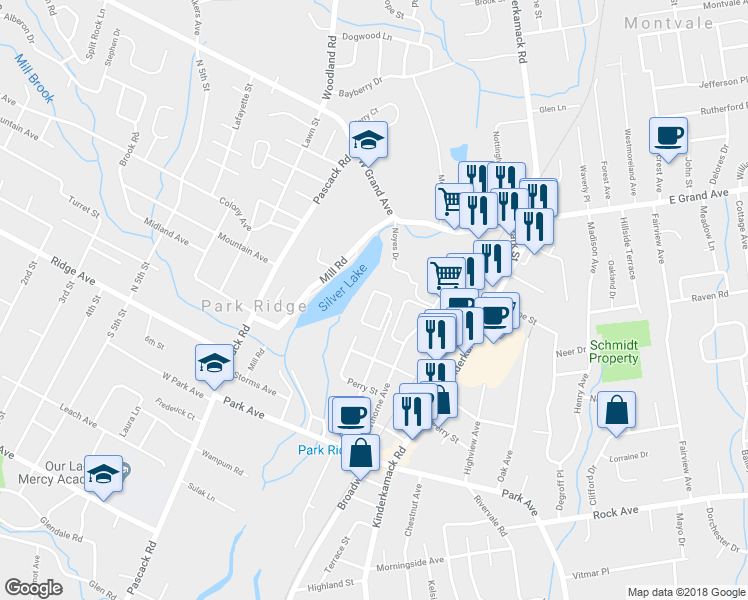 map of restaurants, bars, coffee shops, grocery stores, and more near 195 North Maple Avenue in Park Ridge