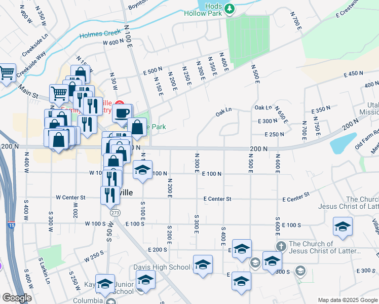 map of restaurants, bars, coffee shops, grocery stores, and more near 223 East 200 North in Kaysville