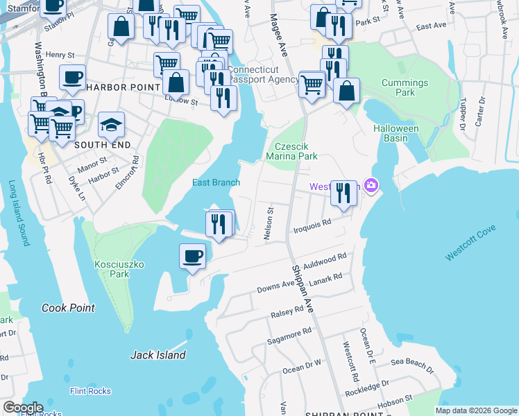 map of restaurants, bars, coffee shops, grocery stores, and more near 45 Harbor Drive in Stamford