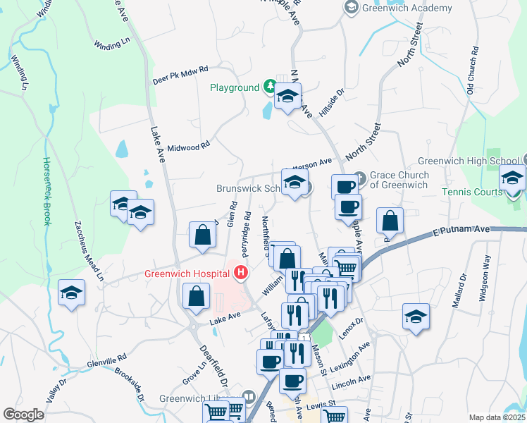 map of restaurants, bars, coffee shops, grocery stores, and more near 31 Perryridge Road in Greenwich