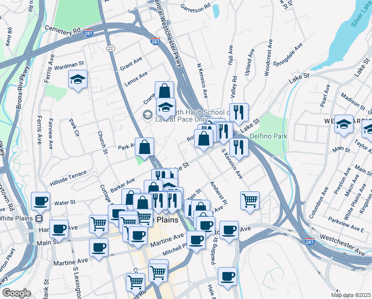 map of restaurants, bars, coffee shops, grocery stores, and more near 5 Ross Street in White Plains