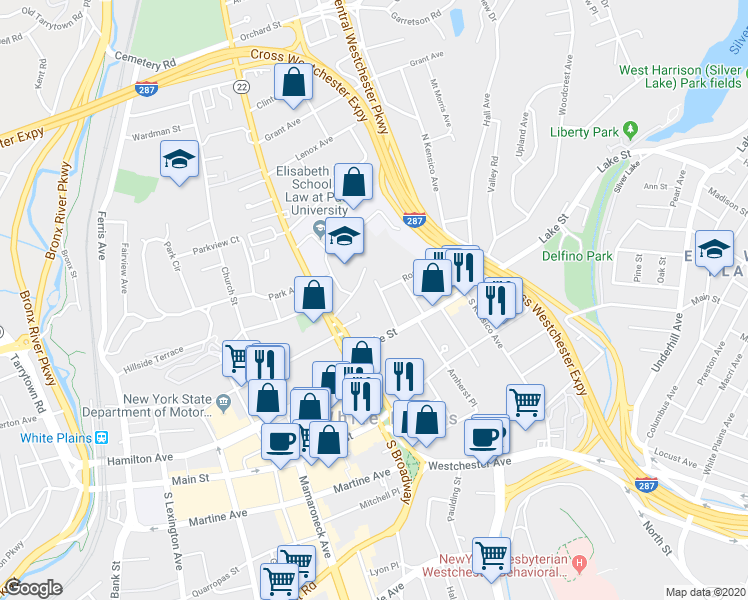 map of restaurants, bars, coffee shops, grocery stores, and more near 50 North Broadway in White Plains