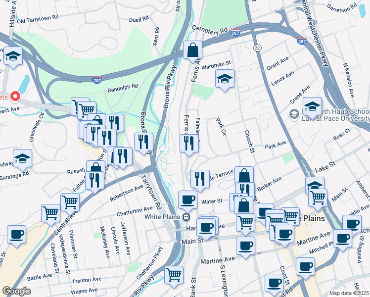 map of restaurants, bars, coffee shops, grocery stores, and more near 90 Ferris Avenue in White Plains