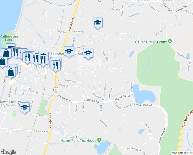 map of restaurants, bars, coffee shops, grocery stores, and more near 108 Valleyview Road in Irvington
