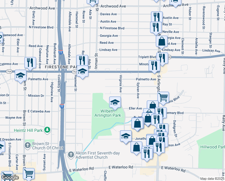 map of restaurants, bars, coffee shops, grocery stores, and more near 781 Donald Avenue in Akron