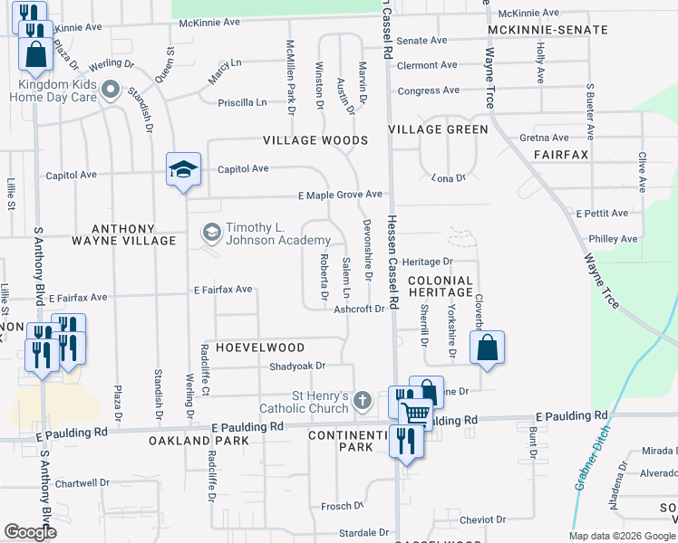 map of restaurants, bars, coffee shops, grocery stores, and more near 4914 Roberta Drive in Fort Wayne