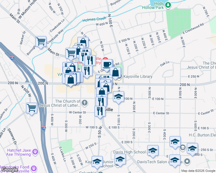 map of restaurants, bars, coffee shops, grocery stores, and more near 67 East 200 North in Kaysville