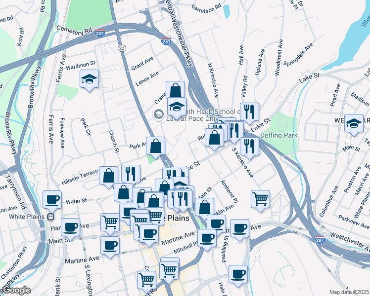 map of restaurants, bars, coffee shops, grocery stores, and more near 50 North Broadway in White Plains