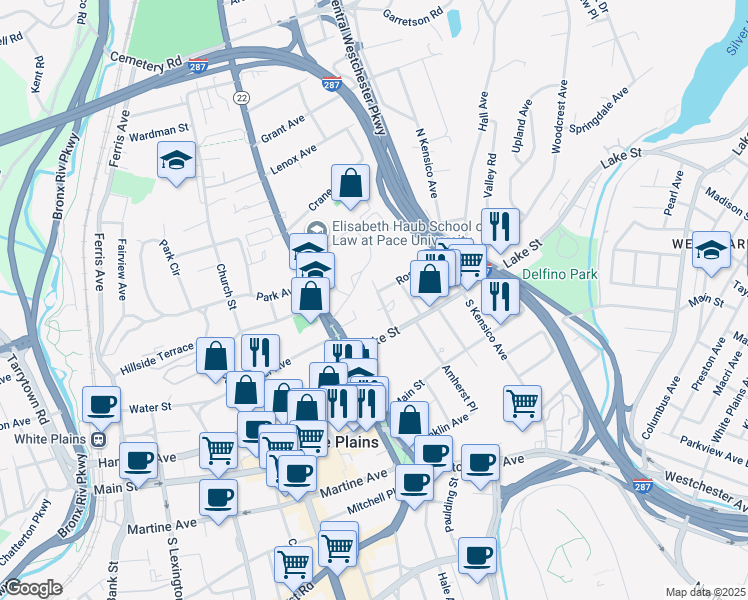 map of restaurants, bars, coffee shops, grocery stores, and more near 50 North Broadway in White Plains