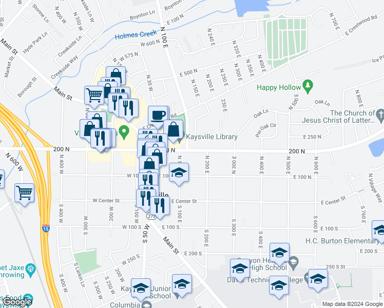 map of restaurants, bars, coffee shops, grocery stores, and more near 146 East 200 North in Kaysville