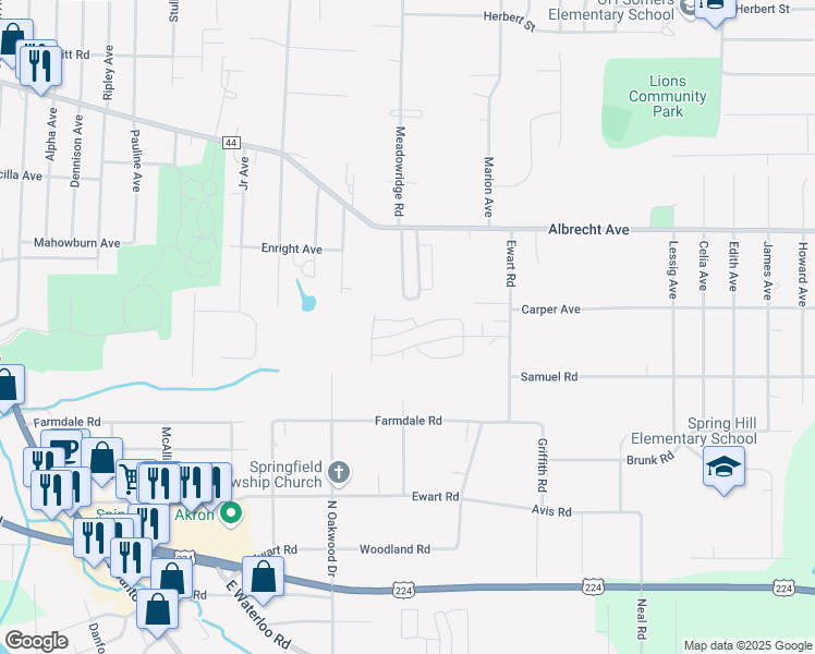 map of restaurants, bars, coffee shops, grocery stores, and more near 146 Wilpark Drive in Akron