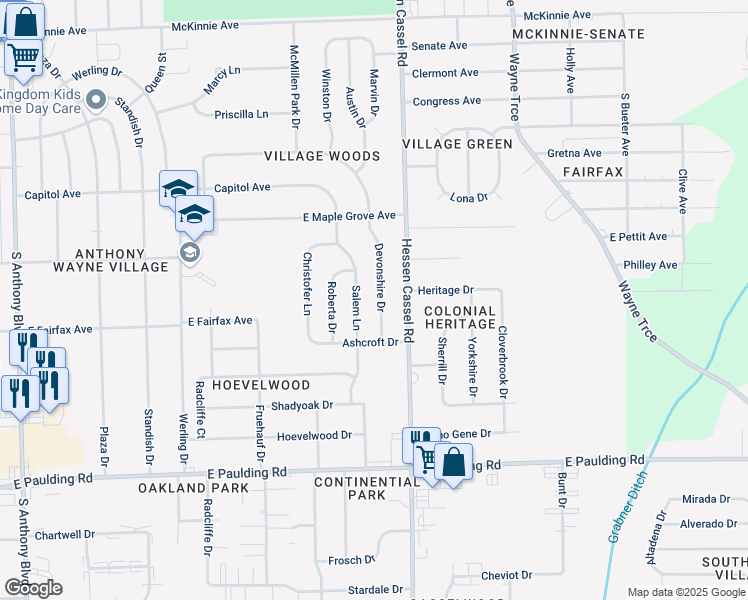 map of restaurants, bars, coffee shops, grocery stores, and more near 5020 Devonshire Drive in Fort Wayne