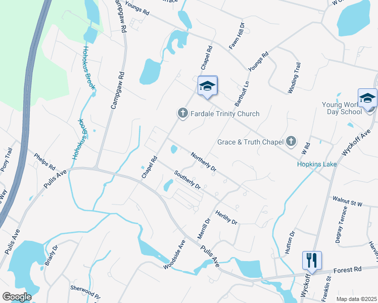 map of restaurants, bars, coffee shops, grocery stores, and more near 9 Konight Court in Mahwah