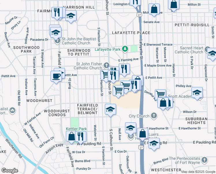 map of restaurants, bars, coffee shops, grocery stores, and more near 4850 South Calhoun Street in Fort Wayne