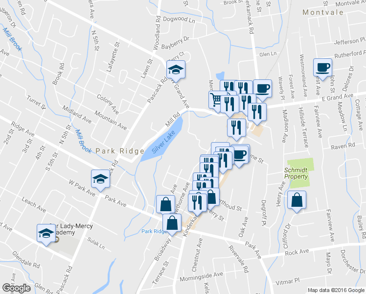 map of restaurants, bars, coffee shops, grocery stores, and more near 219 North Maple Avenue in Park Ridge