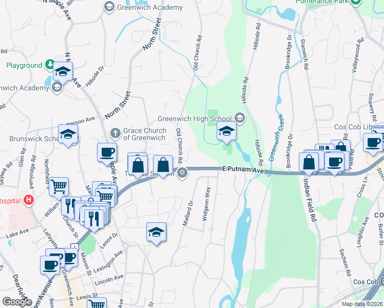 map of restaurants, bars, coffee shops, grocery stores, and more near 41 Old Church Road in Greenwich
