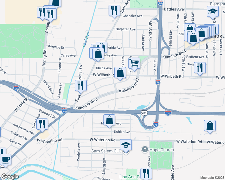 map of restaurants, bars, coffee shops, grocery stores, and more near 1230 California Avenue in Akron